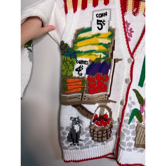 1990s Design Options Farmers Market Produce Art To Wear Fruits Scenic Cardigan L - Picture 3 of 7